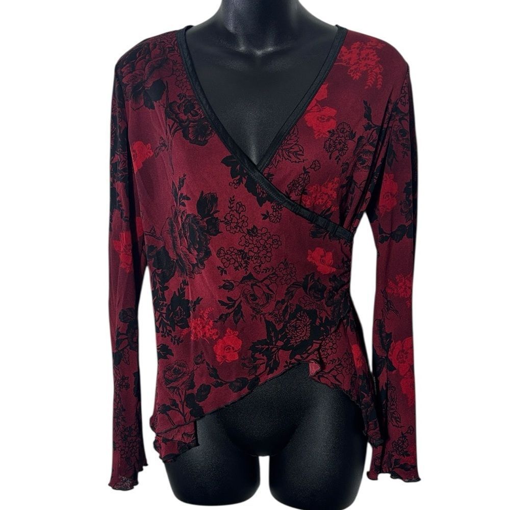 Vintage Y2K large moody dark romantic floral mesh assymetrical split sleeve top